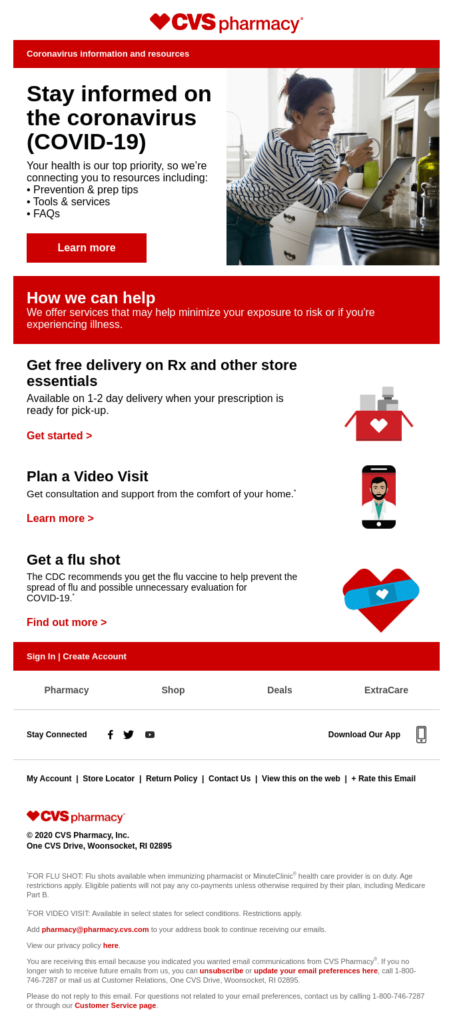 CVS covid informational email for healthcare email marketing example