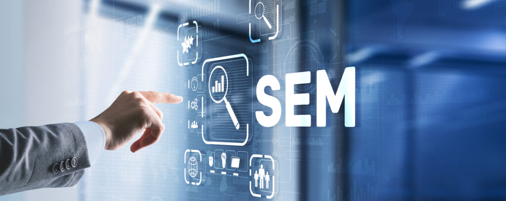 SEM Search Engine Optimization Marketing Ranking Traffic Website Technology Communication Concept.