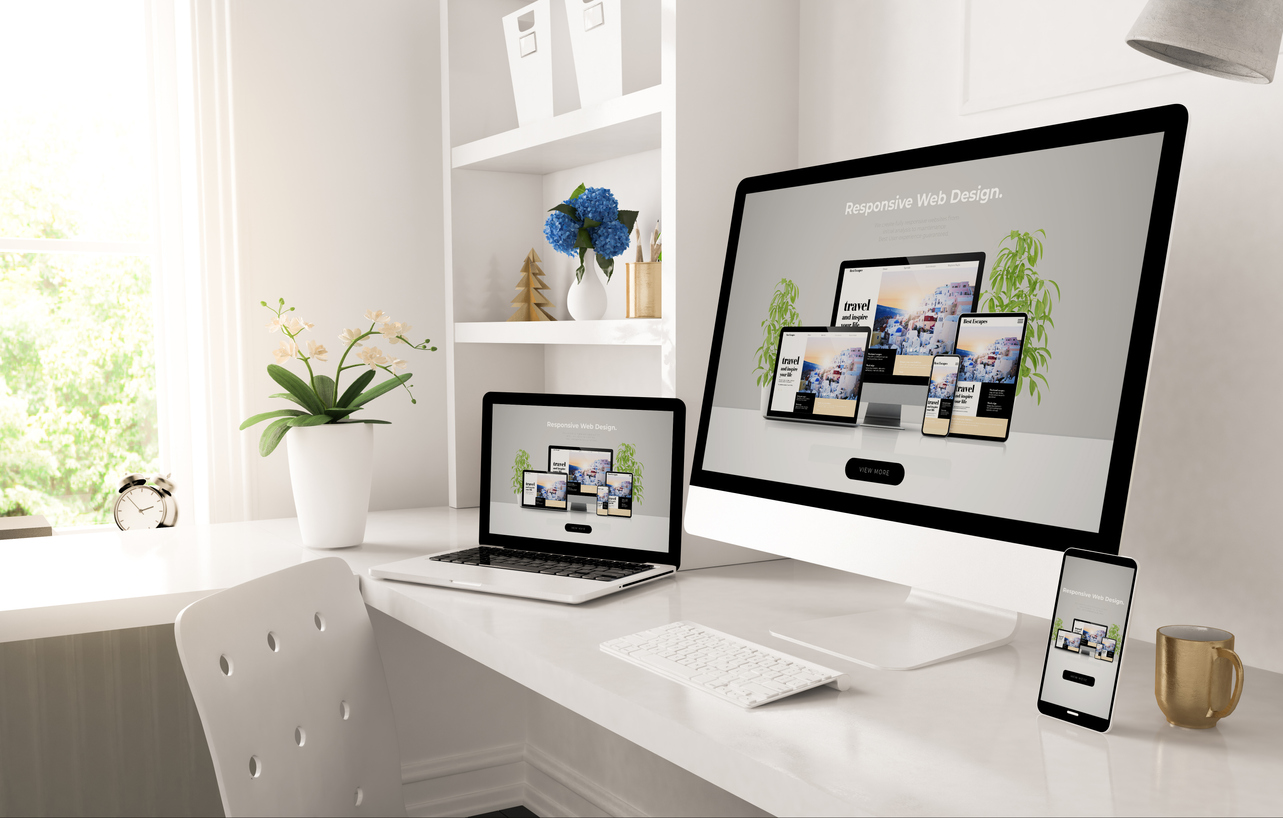 responsive devices on home desktop showing web design website 3d rendering