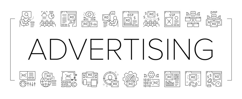 Display Advertising Service Icons Set Vector. Audience Programmatic Advertising And Analytics, Optimization And Remarketing, Digital Advertise Black Contour Illustrations .