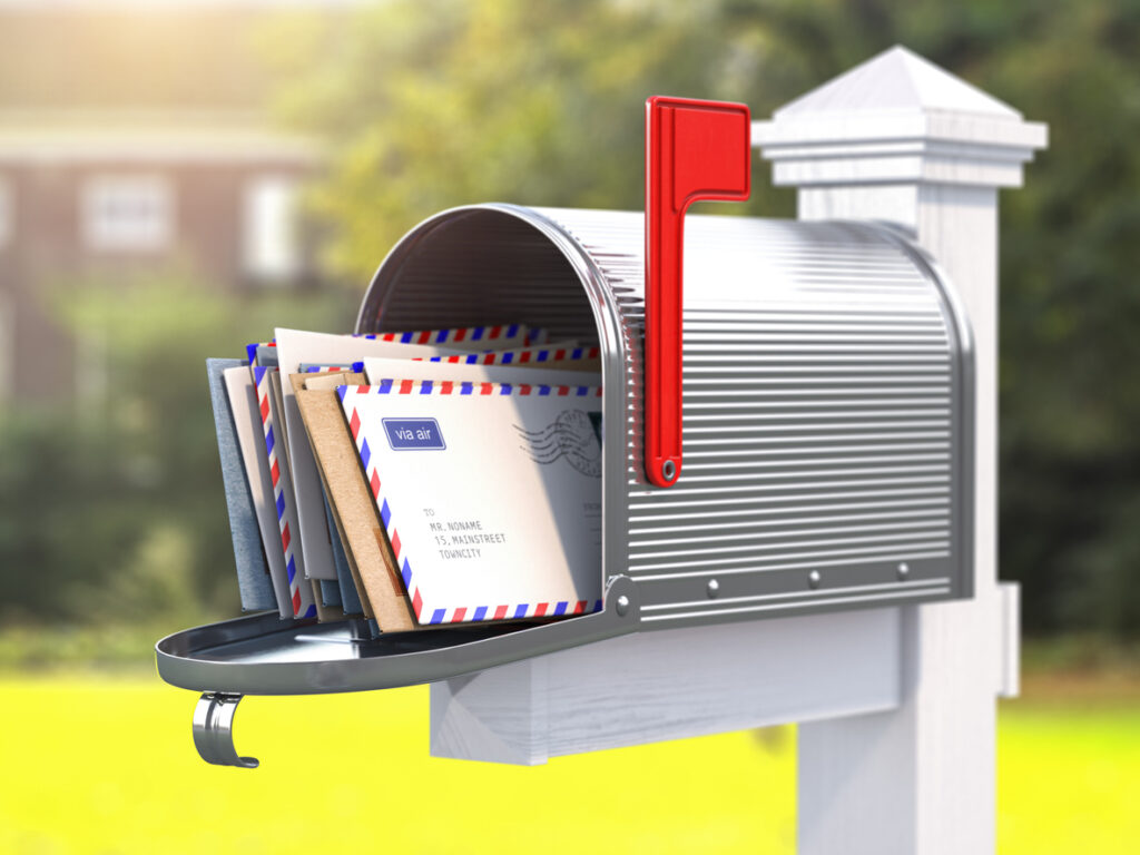 Open mailbox with letters on rural backgound. 3d illustration