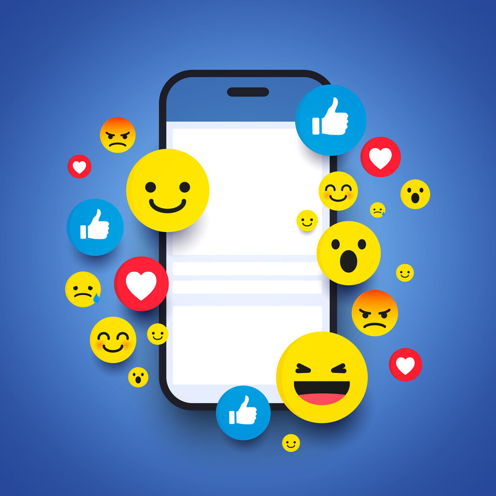 Vector Illustration Various Smiling Happy Emoticons in Front of a Smartphone Screen