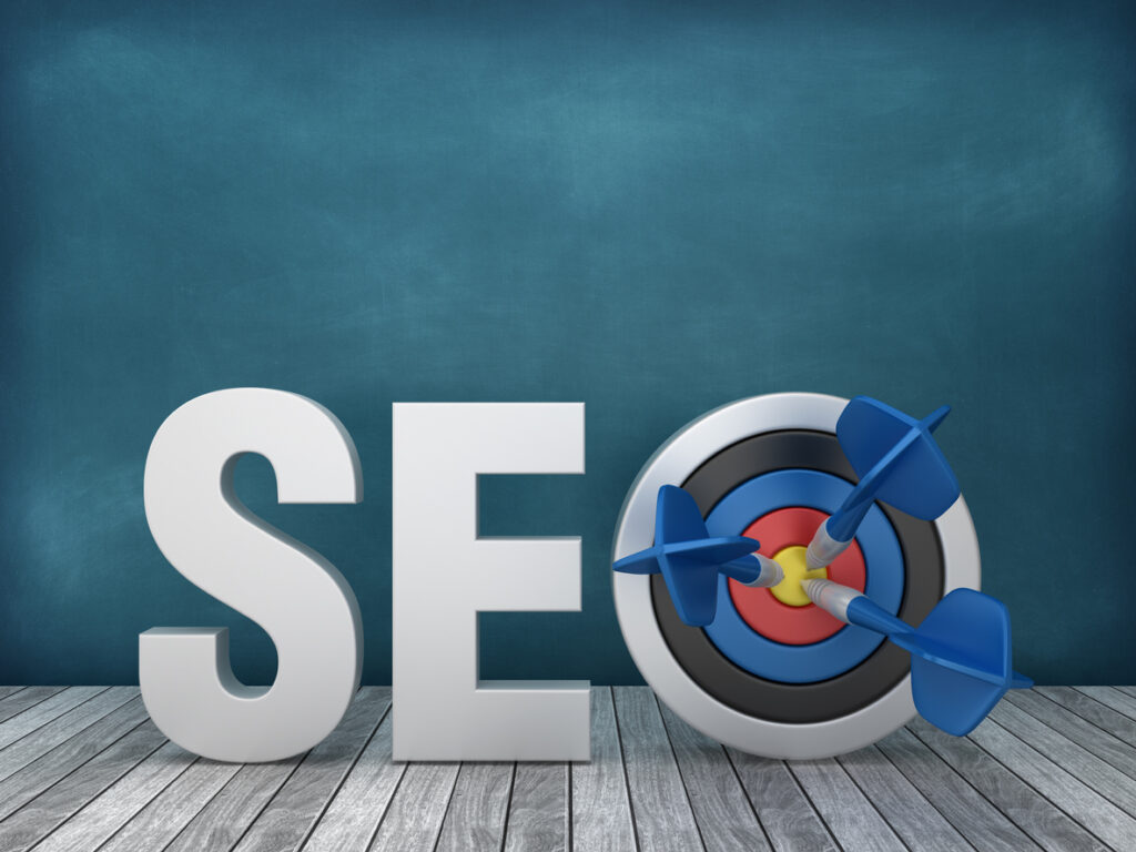3D Word SEO with Target on Chalkboard Background - 3D Rendering