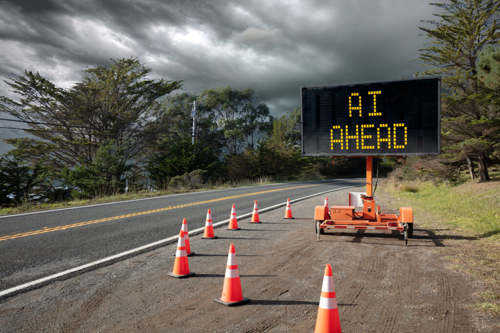 Artificial Intelligence AI, road sign with digital words with storm clouds.