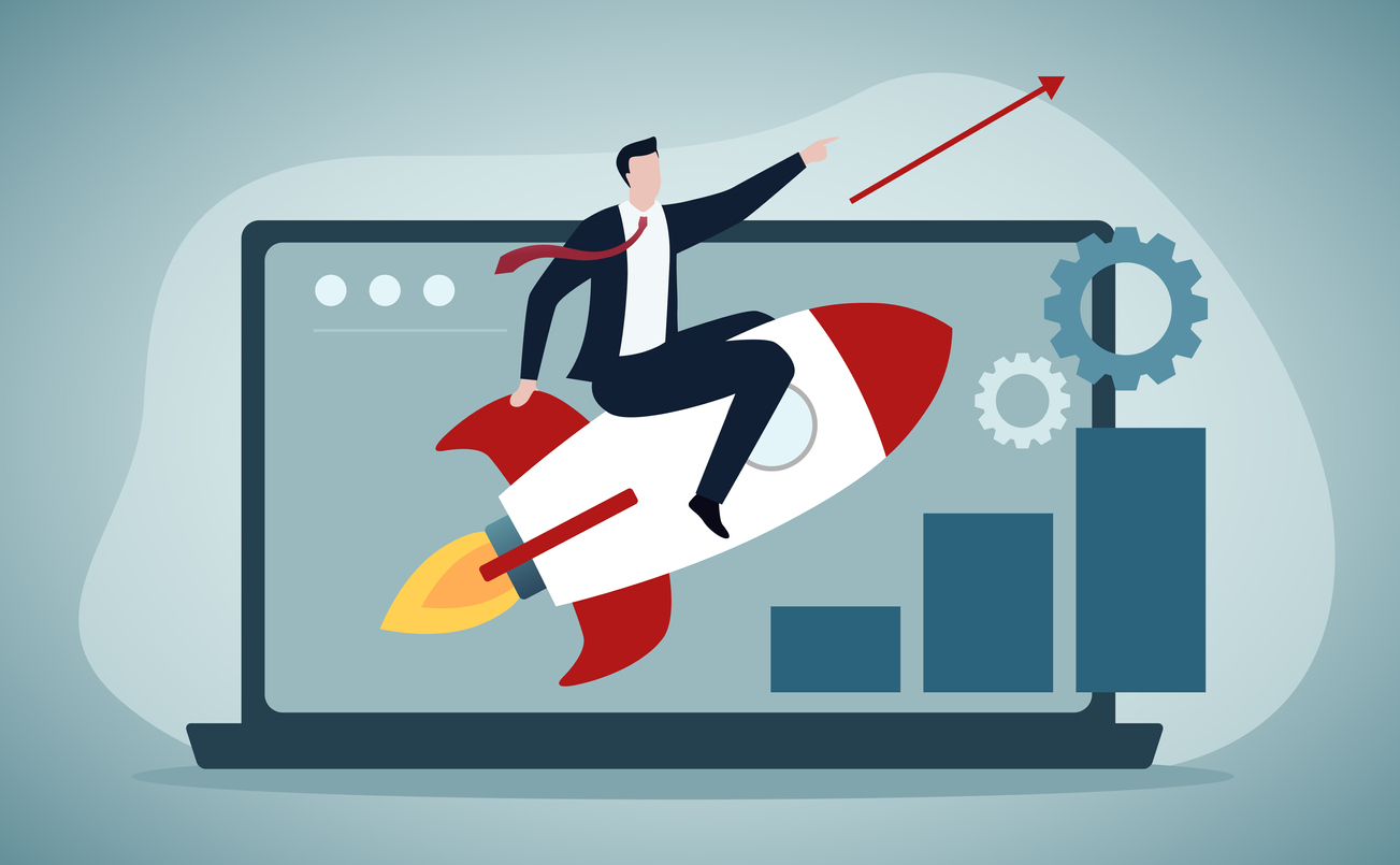 SEO graphic, man on a red rocket