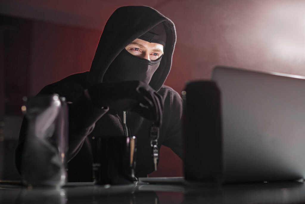 Portrait of serene hacker having clue for stealing information from laptop. Technology and theft concept