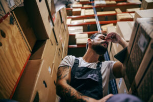 Tattooed bearded manufacturing worker in overalls having hard day on the work.